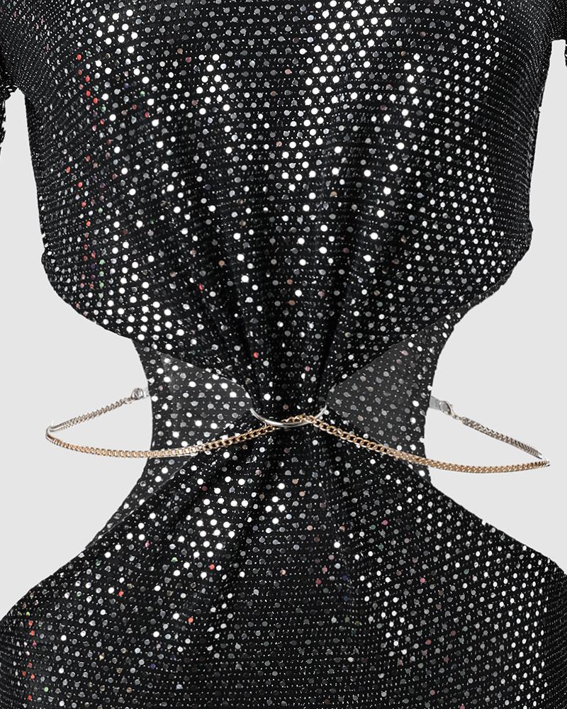 Allover Rhinestone Cutout Chain Decor Bodycon Dress