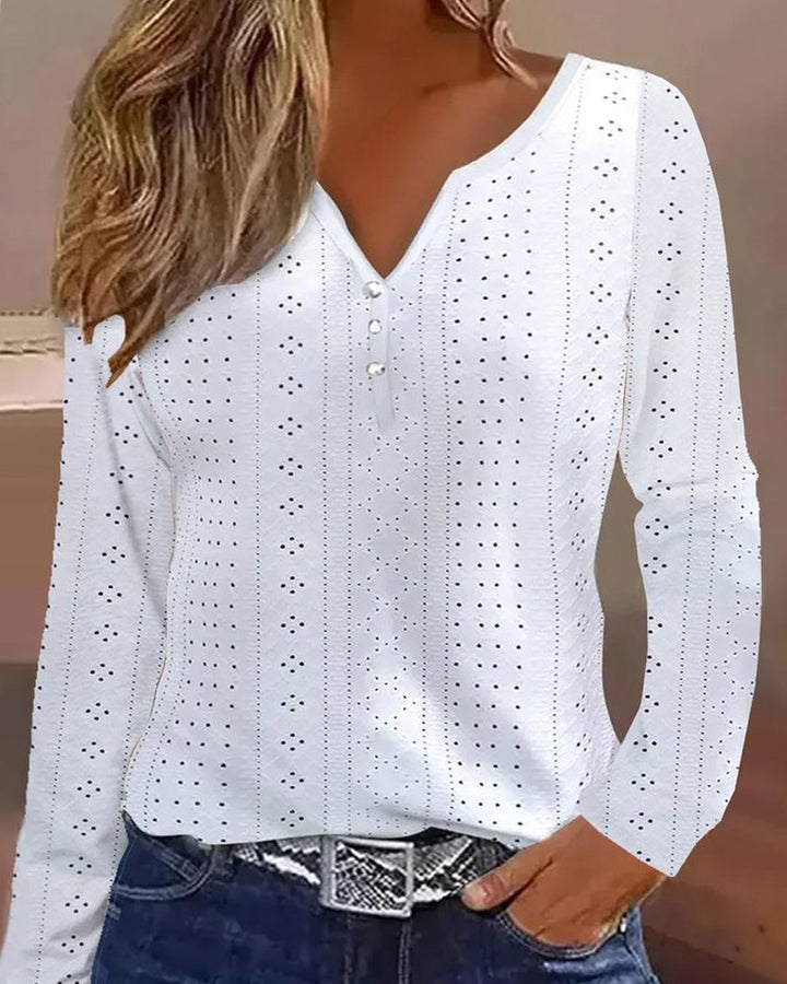 Eyelet Embroidery Notch Neck Casual Blouse