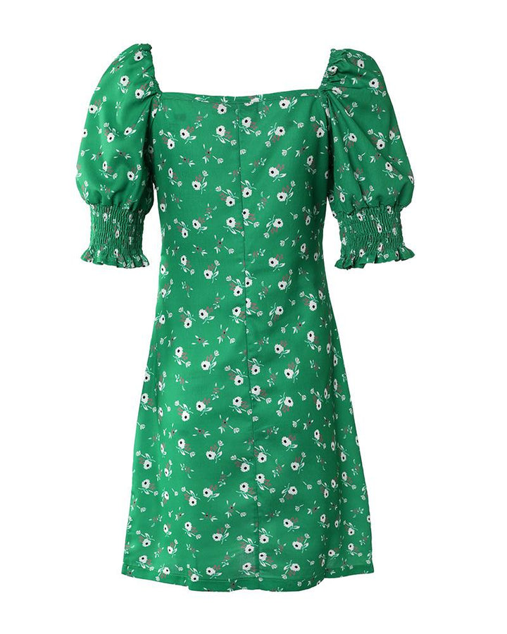 Puff Sleeve Ditsy Floral Print Drawstring Ruched Dress