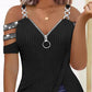 Rhinestone Decor Zip Detail Split Hem Cold Shoulder Top