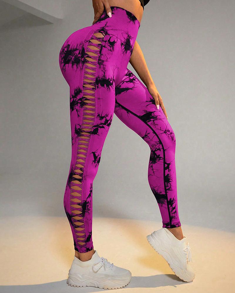 Tie Dye Print Ladder Cutout Sports Yoga Leggings