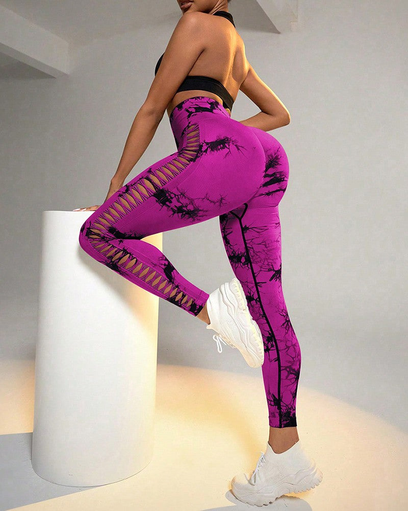 Tie Dye Print Ladder Cutout Sports Yoga Leggings
