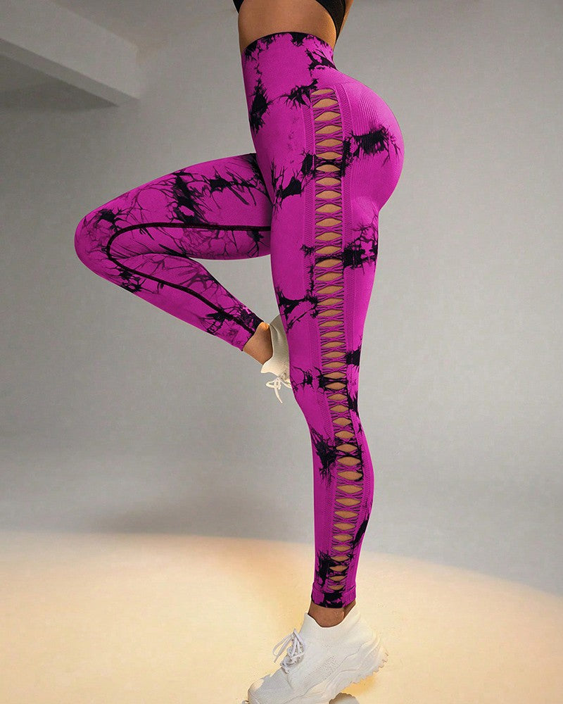 Tie Dye Print Ladder Cutout Sports Yoga Leggings
