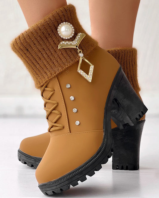 Rhinestone Decor Lace up Chunky Heel Lined Ankle Boots