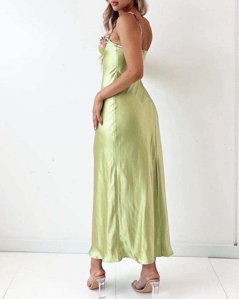 Floral Embroidery Satin Midi Dress