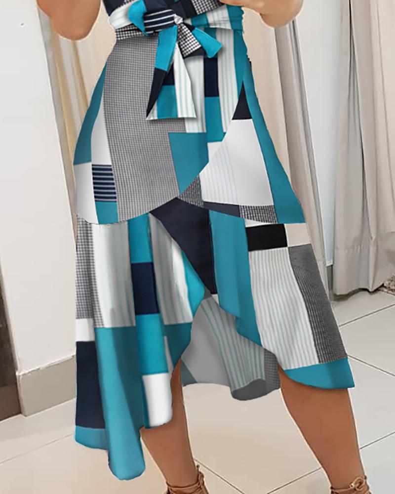 V Neck Colorblock Knotted Irregular Dress