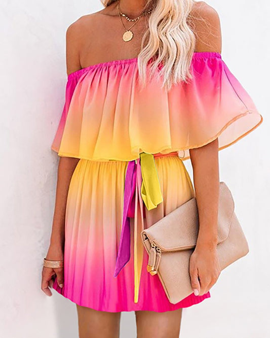 Tie Dye Print Off Shoulder Ruffle Hem Belted Dress