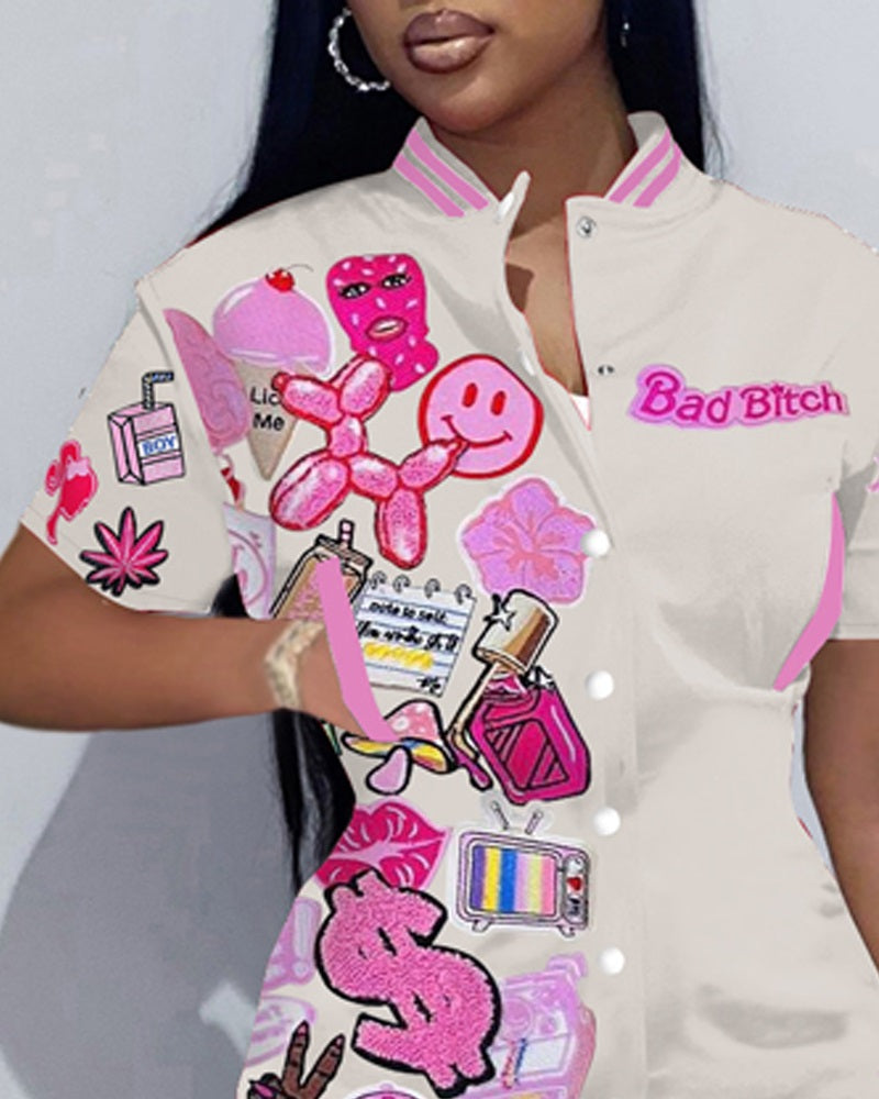 Graphic Print Baseball Collar Casual Dress