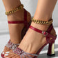 Rhinestone Decor Ankle Strap Chunky Heeled Sandals