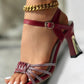 Rhinestone Decor Ankle Strap Chunky Heeled Sandals