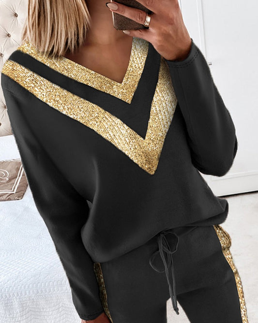 Chevron Sequins Long Sleeve Top & Drawstring Waist Pants Set