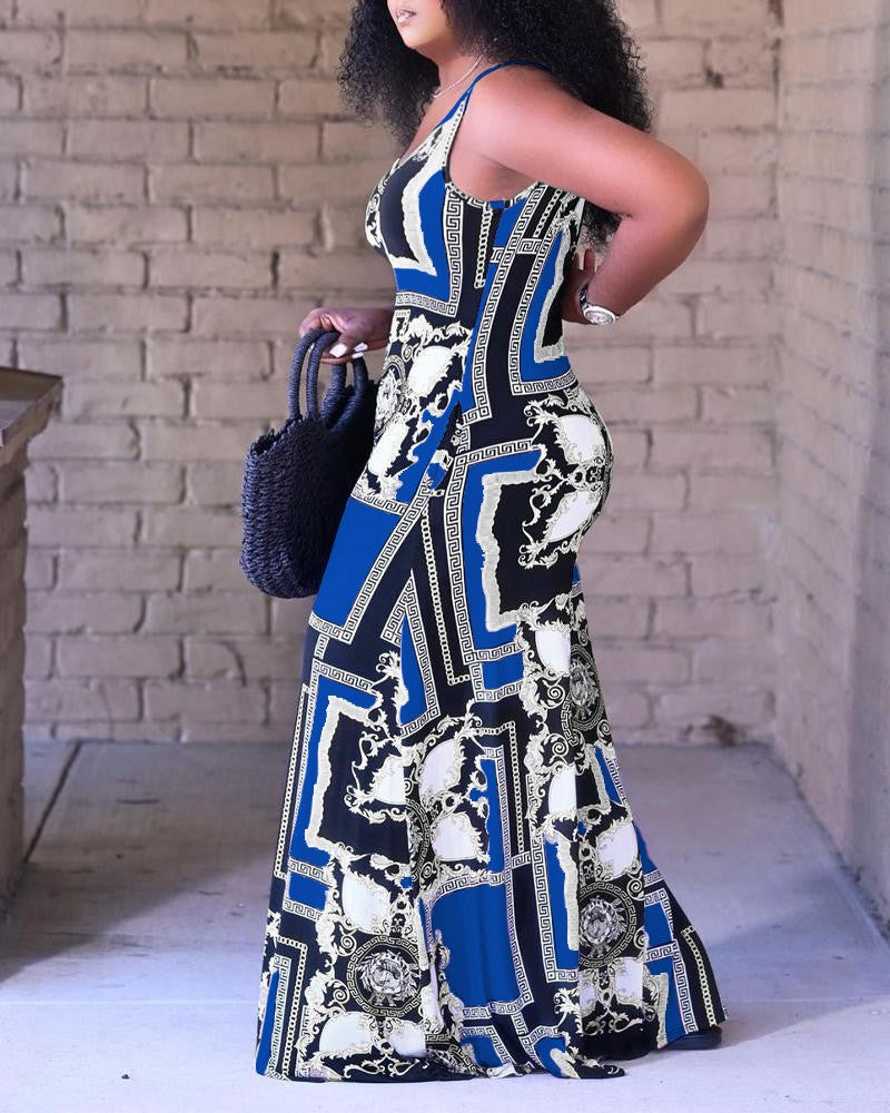 Plus Size Baroque Scarf Print Wide Leg Jumpsuit