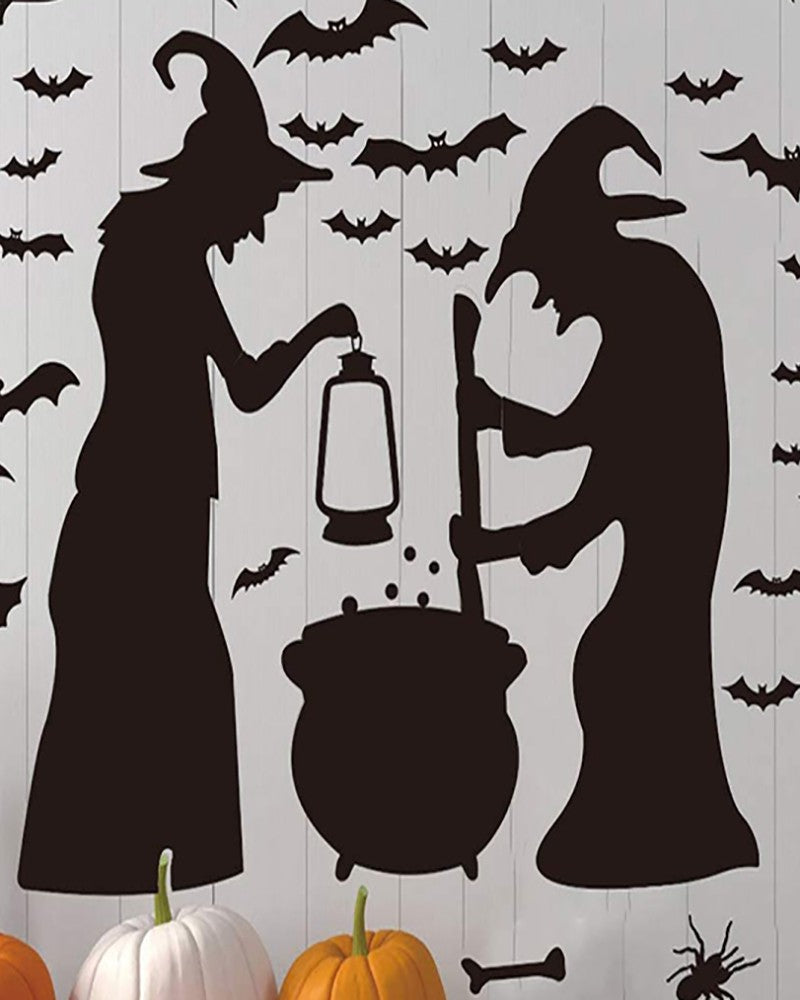 Halloween Decorations Wall Window Ornament Party Supplies 2 Witches With Bats Spider Cat and Crow