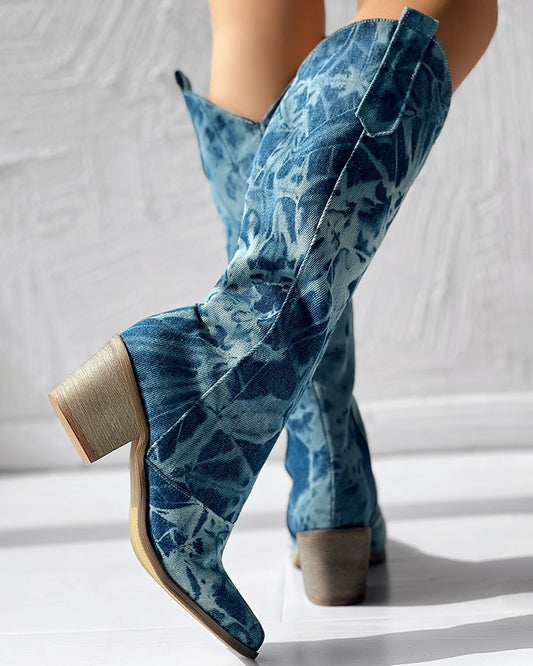 Chunky Heel Cowboy Style Washed Denim Boots