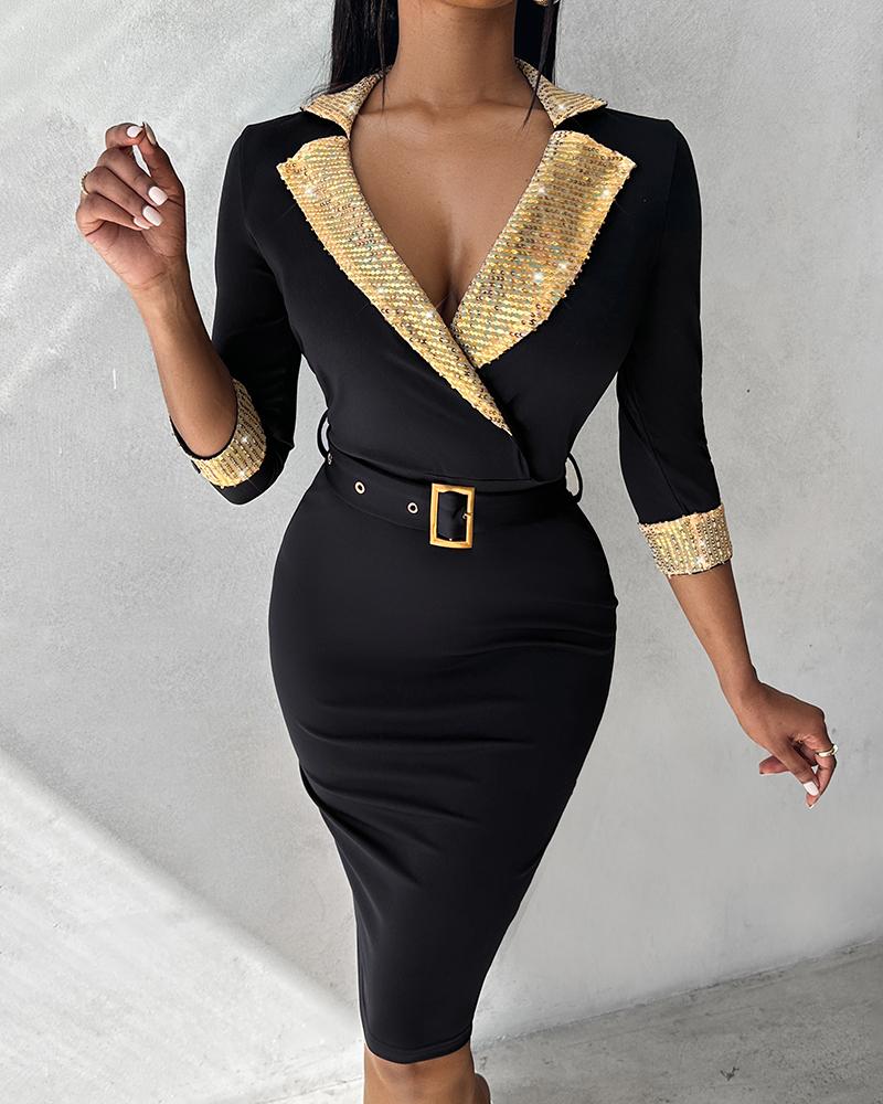 Contrast Sequin Eyelet Buckled Bodycon Dress