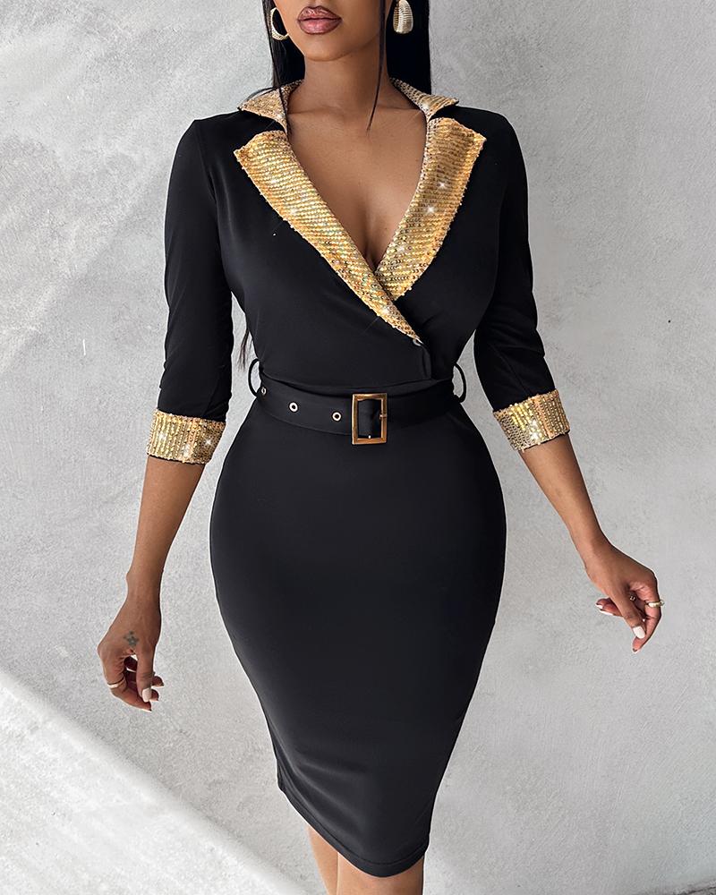 Contrast Sequin Eyelet Buckled Bodycon Dress