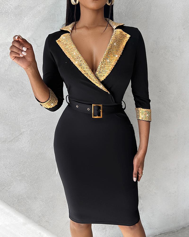 Contrast Sequin Eyelet Buckled Bodycon Dress