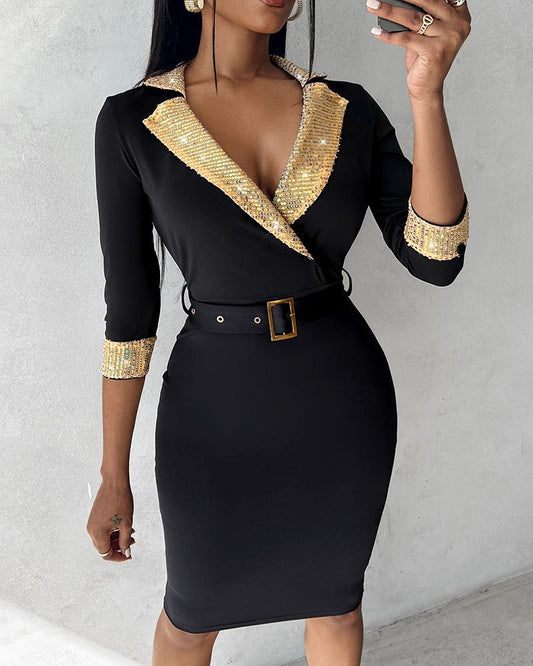 Contrast Sequin Eyelet Buckled Bodycon Dress
