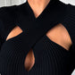 Asymmetrical Criss Cross Cutout Long Sleeve Knit Sweater