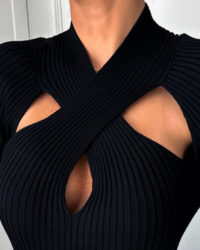 Asymmetrical Criss Cross Cutout Long Sleeve Knit Sweater