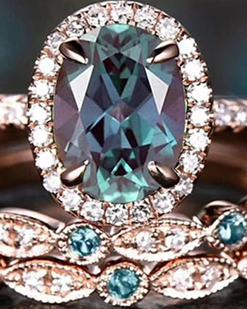 3PCS/Set Oval Crystal Stone Rhinestone Decor Oval Wedding Matching Rings
