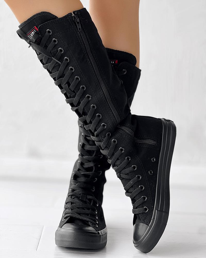 Canvas Side Zipped Lace Up Boots