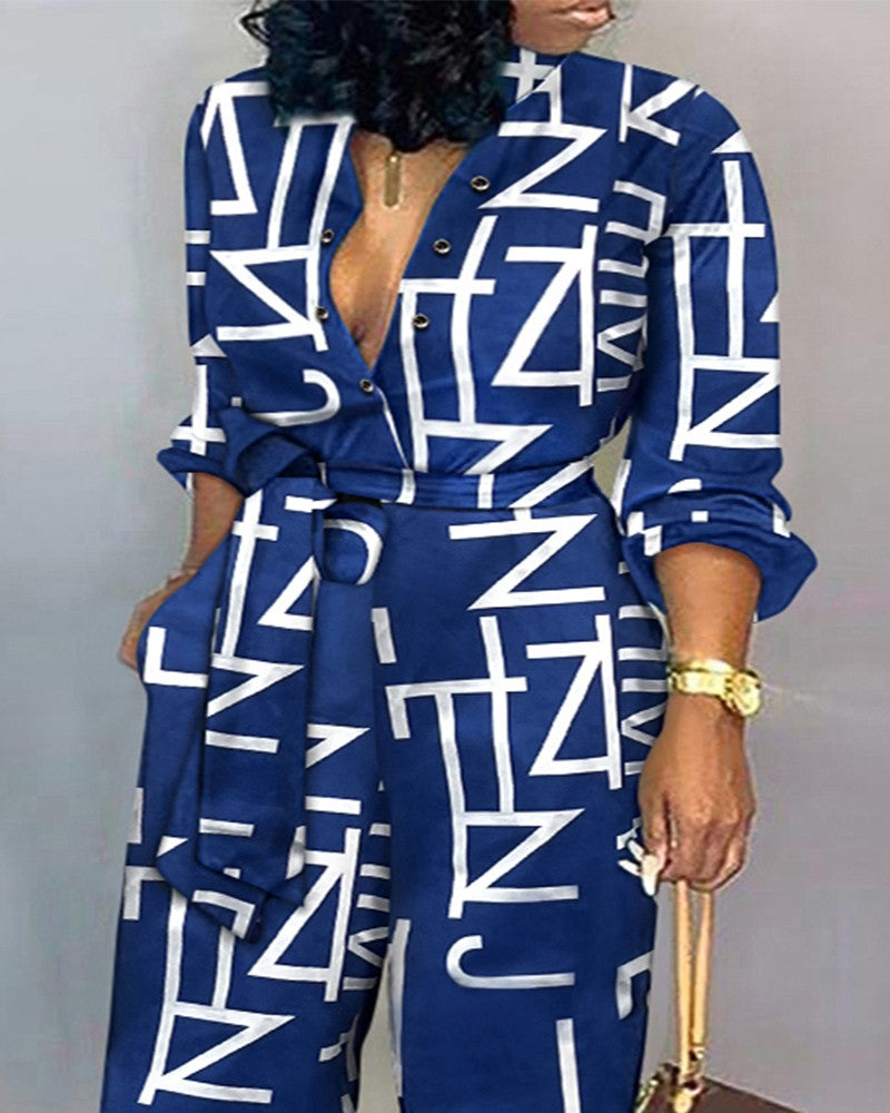 Plus Size Letter Print Long Sleeve Belted Jumpsuit