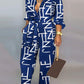 Plus Size Letter Print Long Sleeve Belted Jumpsuit