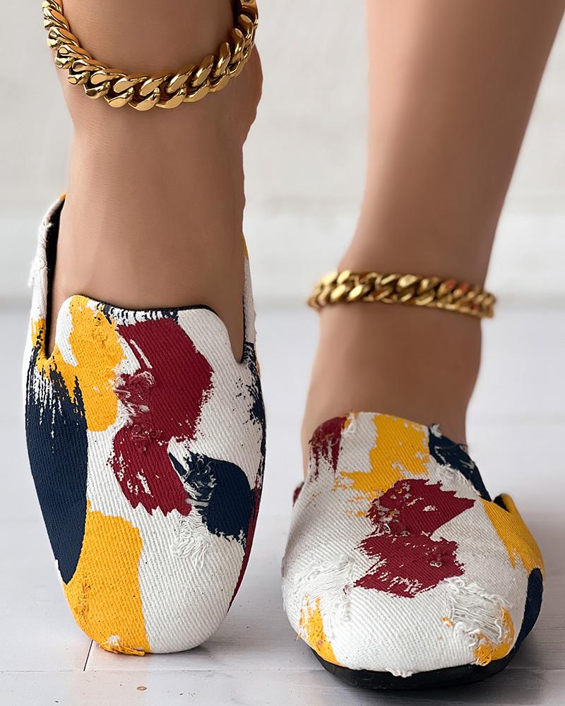 Ink Splash Print Ripped Slippers Square Toe Mules