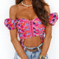Floral Print Off Shoulder Puff Sleeve Crop Top