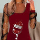 Christmas Wine Glass Print Contrast Mesh Casual Dress