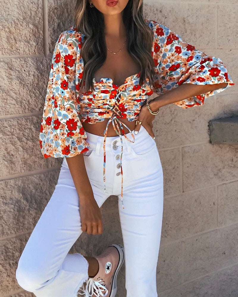 Floral Print Frill Hem Lace up Crop Top