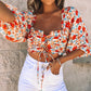 Floral Print Frill Hem Lace up Crop Top