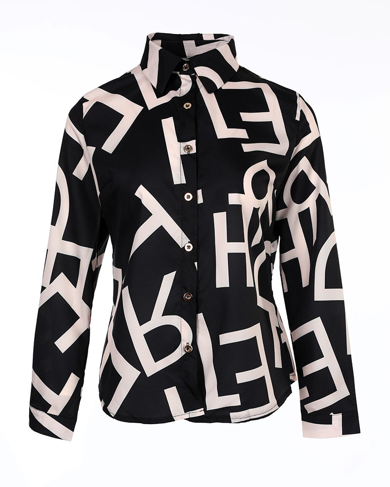 Letter Print Button Front Long Sleeve Top