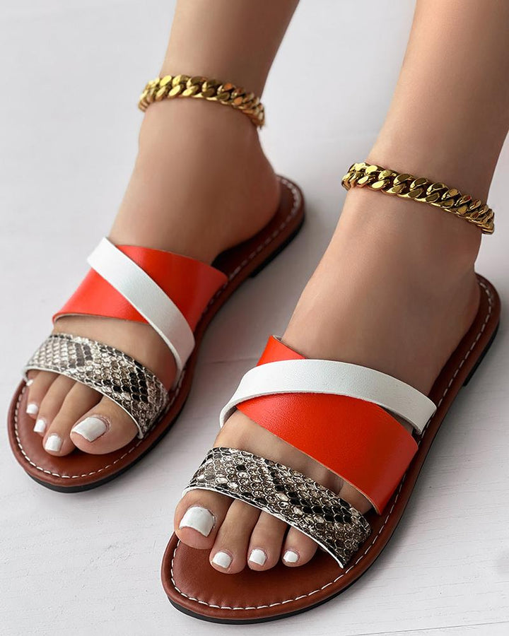 Snakeskin Colorblock Slippers Cross Strap Sandals
