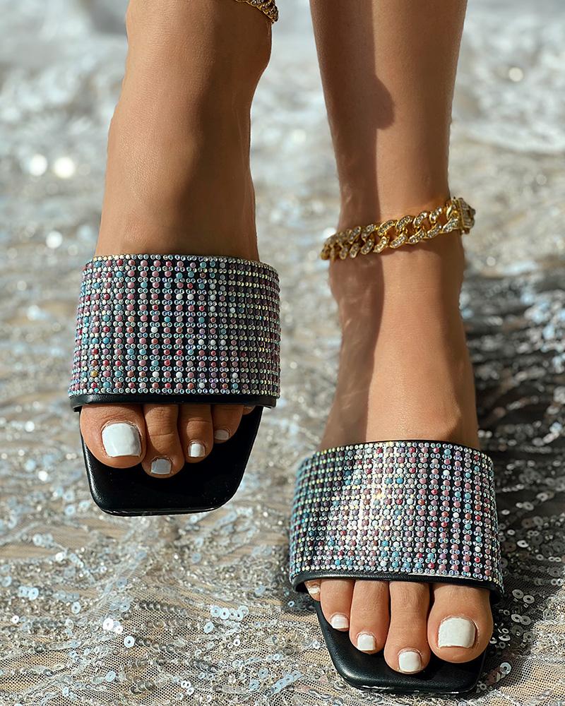 Rhinestone Wide Strap Beach Slippers