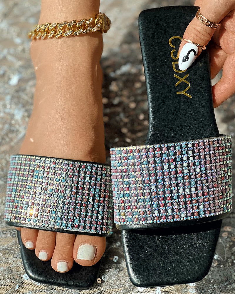 Rhinestone Wide Strap Beach Slippers