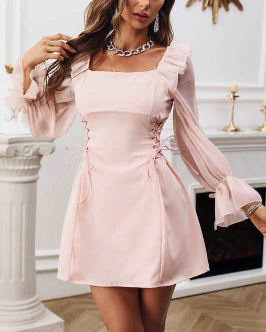 Eyelet Lace up Flared Sleeve Ruffle Hem Dress