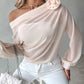 Rose Detail Ruched Skew Neck Chiffon Top