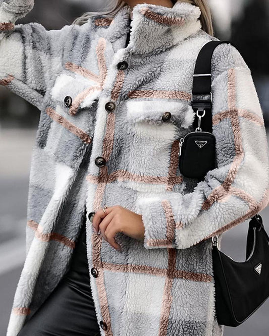 Plaid Print Button Pocket Design Teddy Shacket