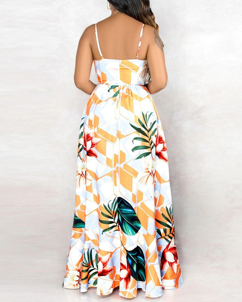 Tropical Graphic Print Sleeveless Maxi Dress