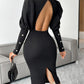 Solid Puff Sleeve Backless Slit Dress