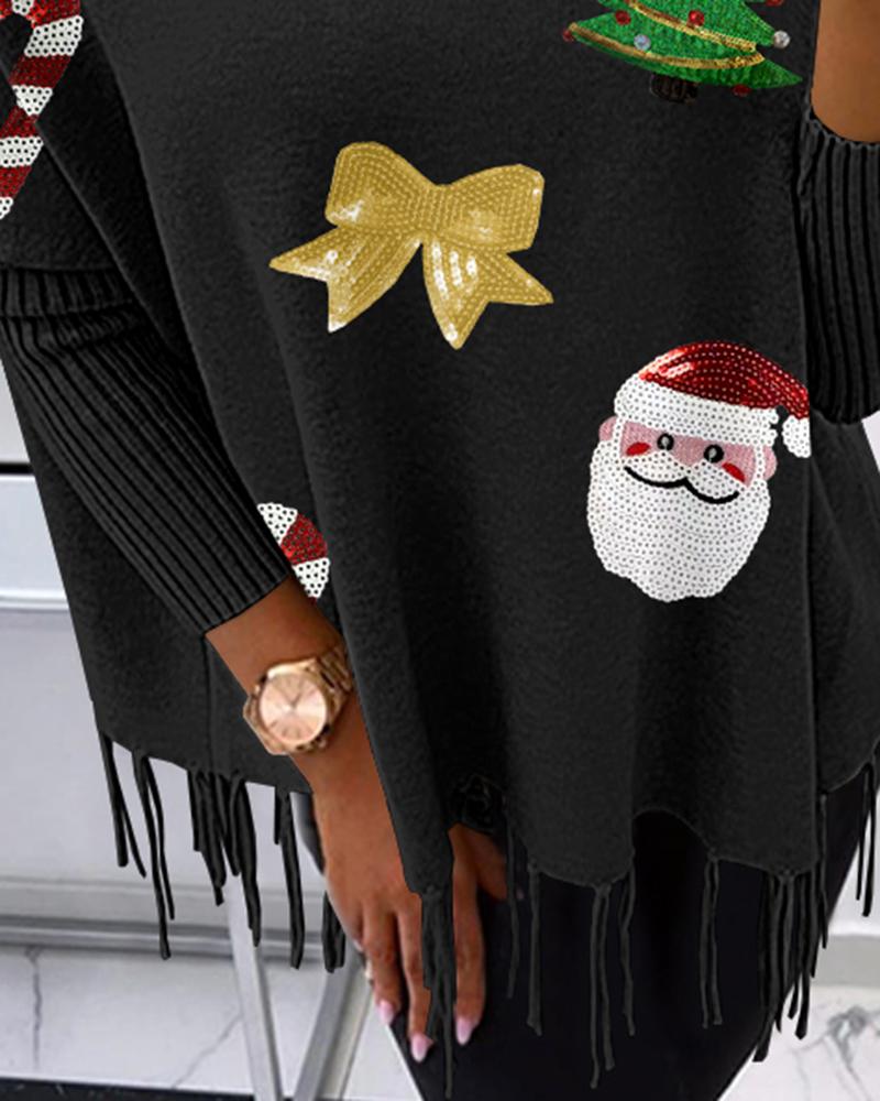 Christmas Santa Claus Wreath Pattern Contrast Sequin Sweater