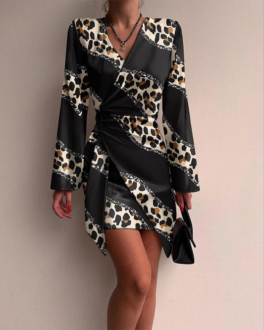 Leopard Print Long Sleeve Ruched Wrap Dress