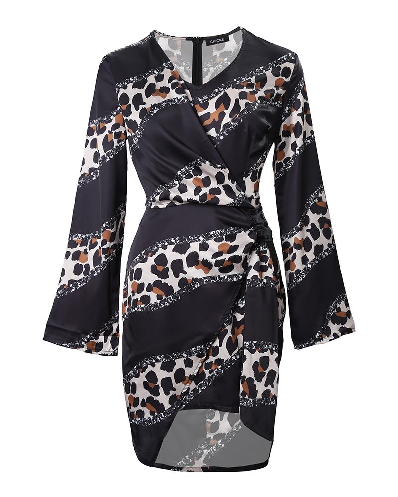 Leopard Print Long Sleeve Ruched Wrap Dress