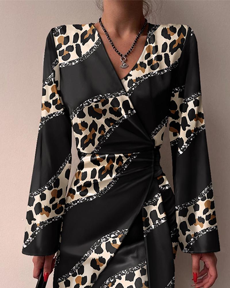 Leopard Print Long Sleeve Ruched Wrap Dress