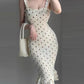 Spaghetti Strap Polkadot Print Shirred Mermaid Dress