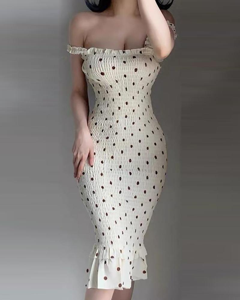 Spaghetti Strap Polkadot Print Shirred Mermaid Dress