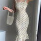 Spaghetti Strap Polkadot Print Shirred Mermaid Dress