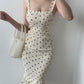 Spaghetti Strap Polkadot Print Shirred Mermaid Dress
